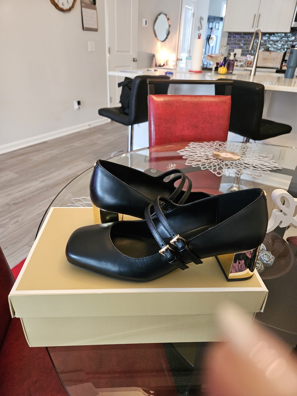 Michael Kors Black Double-Strap Mary Jane Pumps with Gold Block Heel